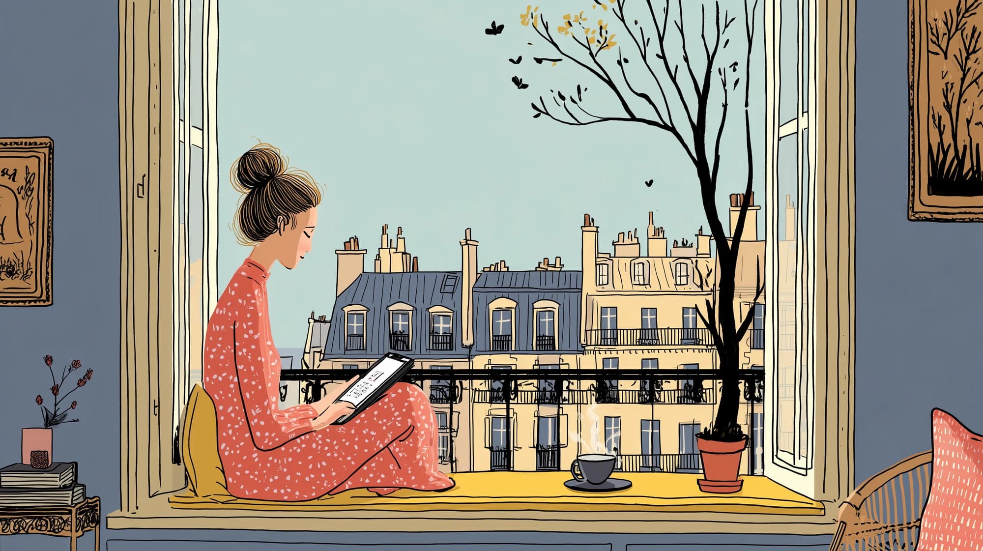 Hand-inked illustration of a woman on a sunlit Paris window seat, absorbed in a tablet, Haussmann rooftops beyond the window