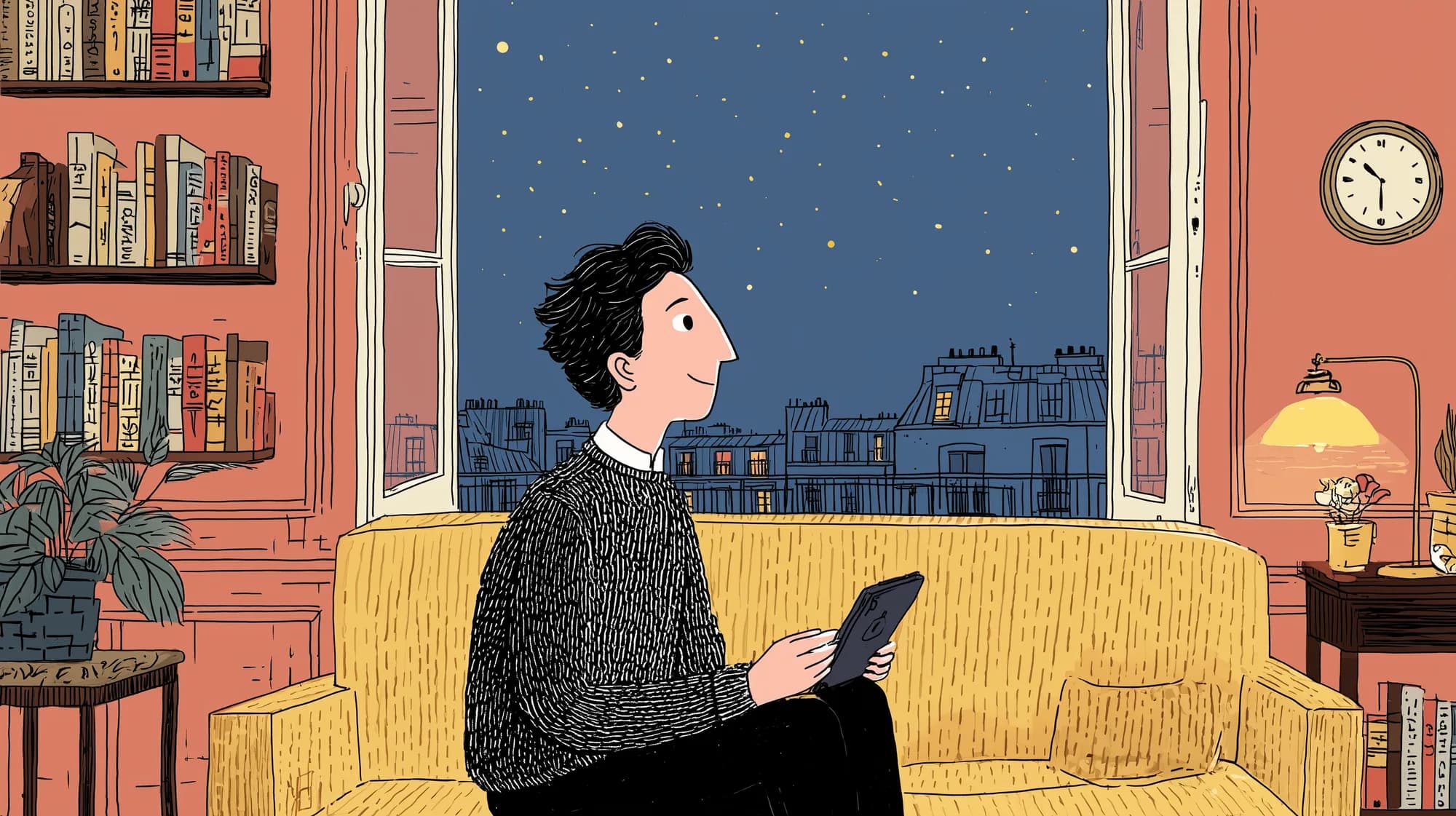 Hand-inked illustration of a young man watching a tablet on a sofa in a cosy Paris apartment at night