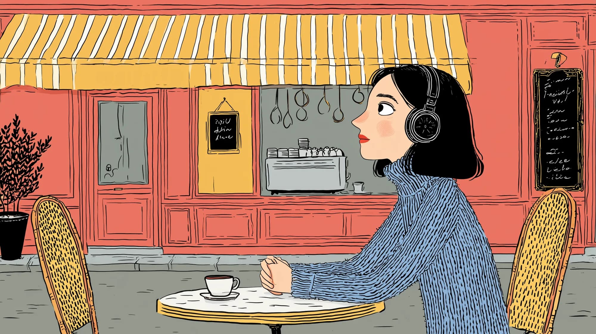 Hand-inked illustration of a young woman with headphones listening at a Paris café terrace