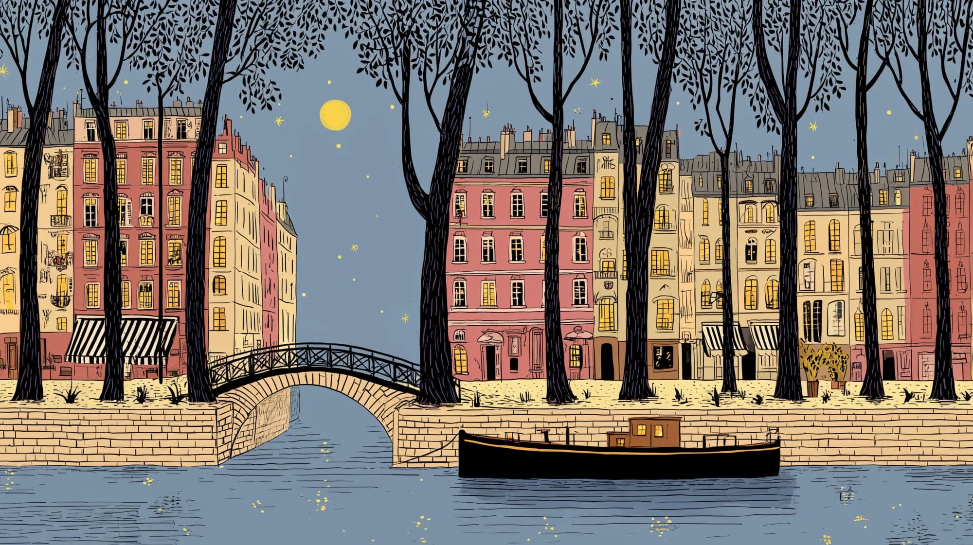 The Canal Saint-Martin at night, a moon and stars above the plane trees