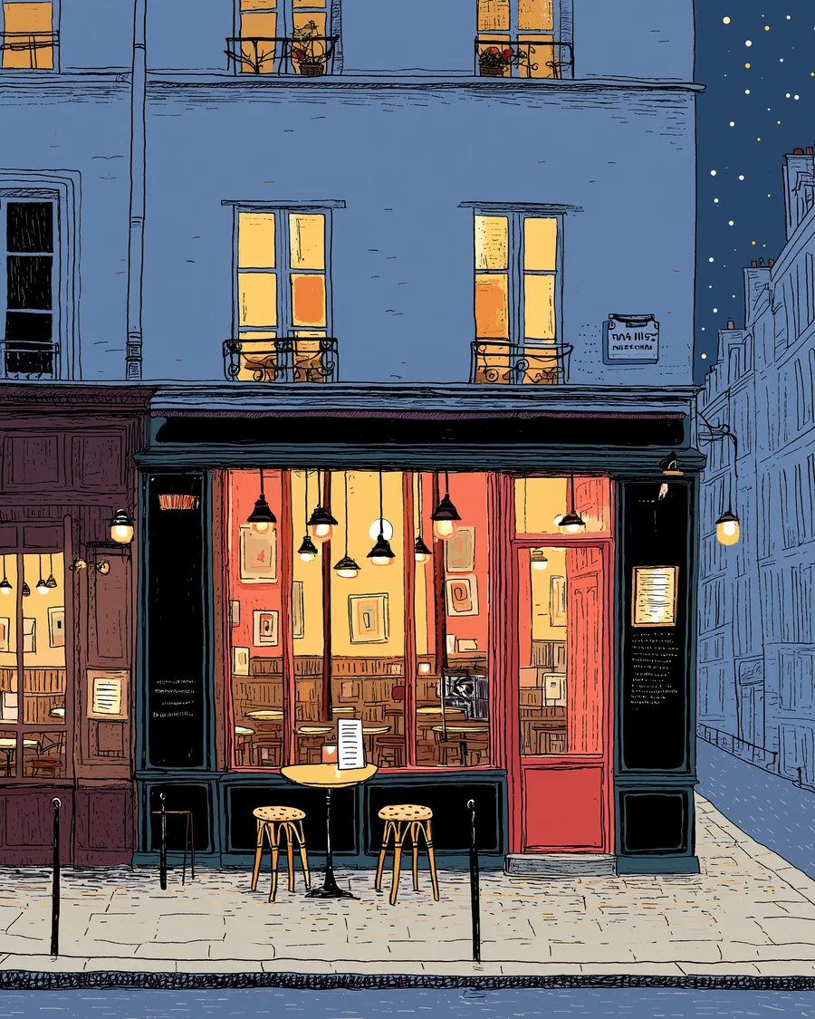 A café glowing at nightfall